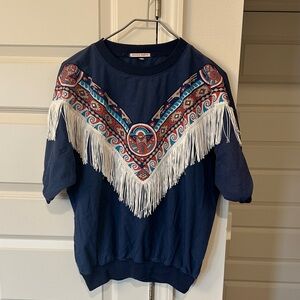 Navy Blue Fringe Blouse with Embroidered Detail